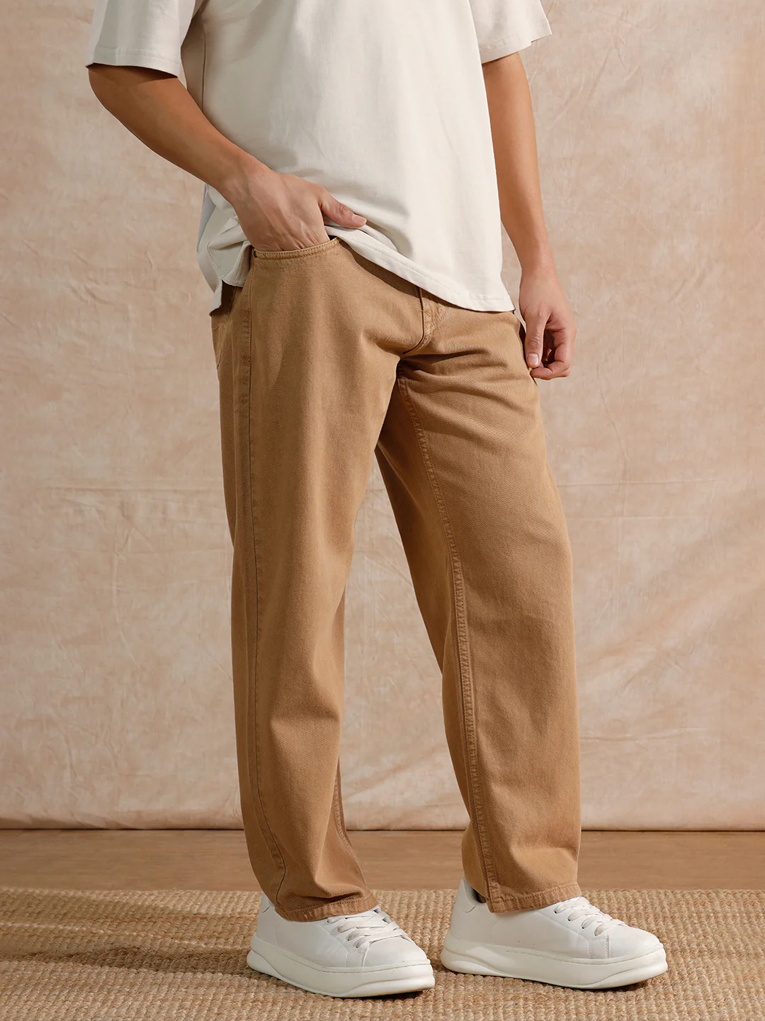Solid Light Fade Loose Fit Jeans | Khakhi - Image 2